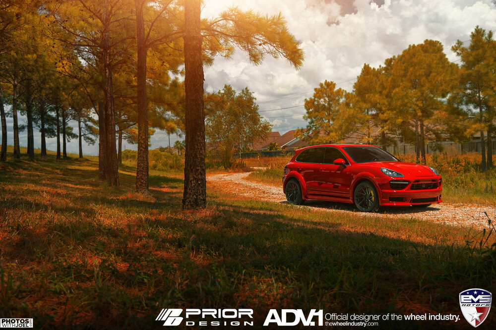 Prior Design aero kit for a red Porsche, angled front view